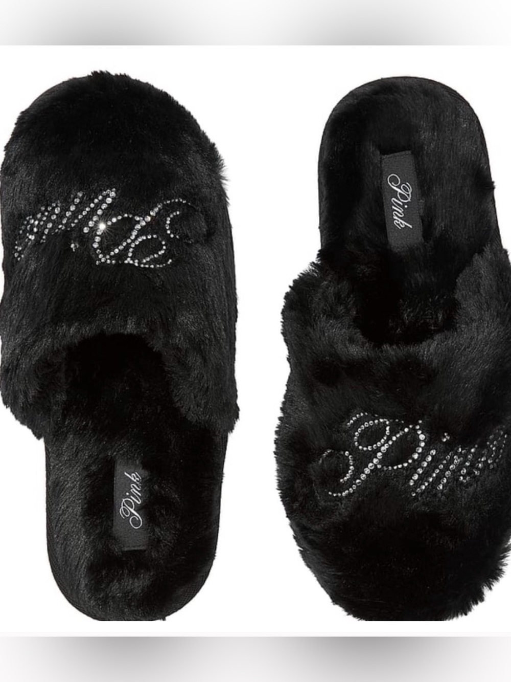 PINK Victoria's Secret Black Fuzzy Rhinestone Script Slippers